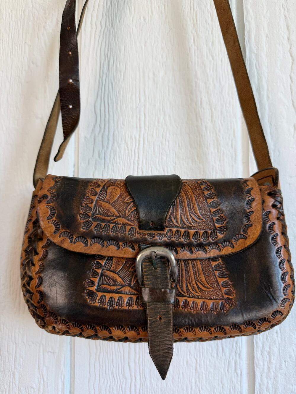 Vintage Tooled Leather Shoulder Bag Western Native Hand Tooled Crossbody Purse